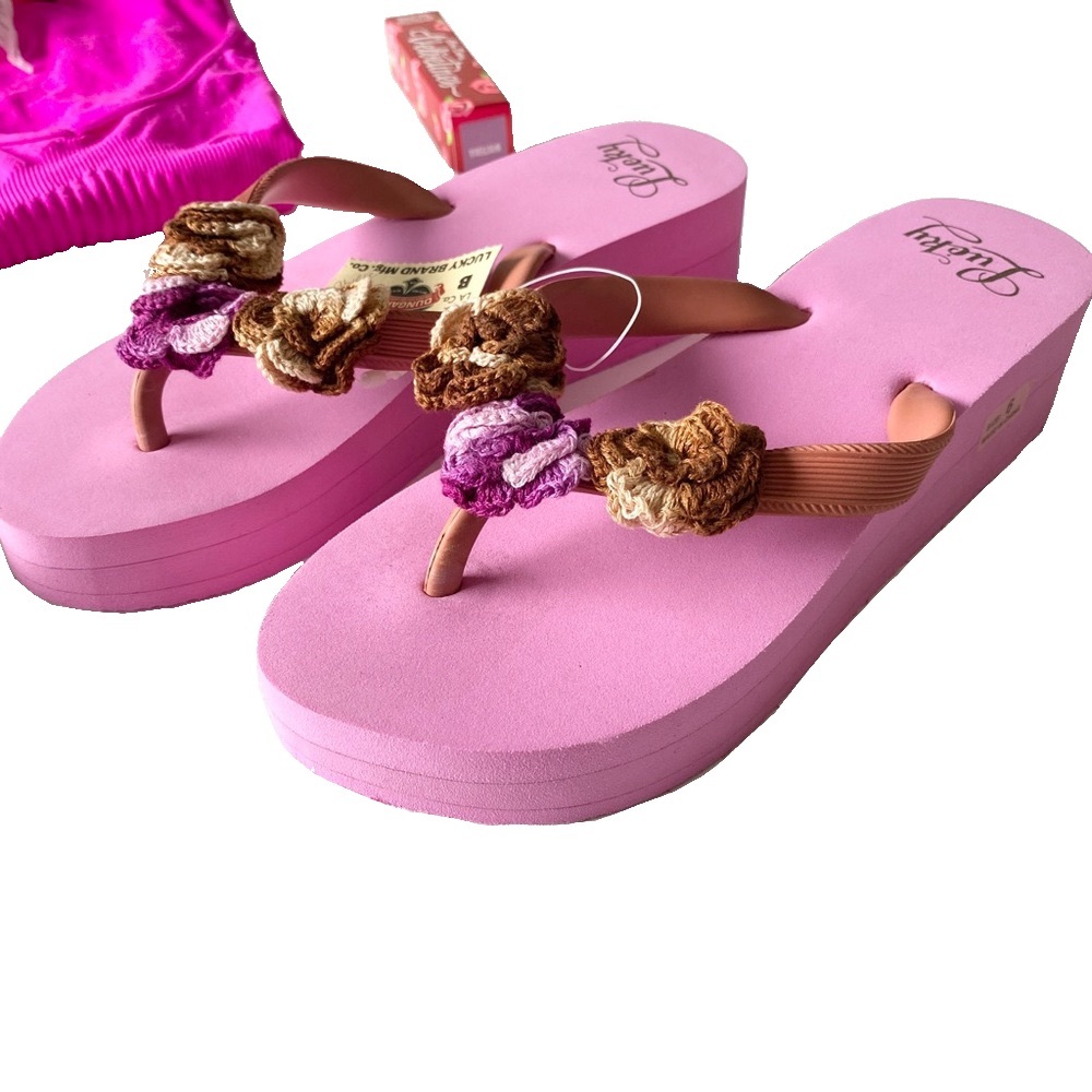 new Lucky Brand ♧ Floral Crochet Trim Platform Flip Flop ♧ Rose Pink ♧ Size 6 - Picture 8 of 16